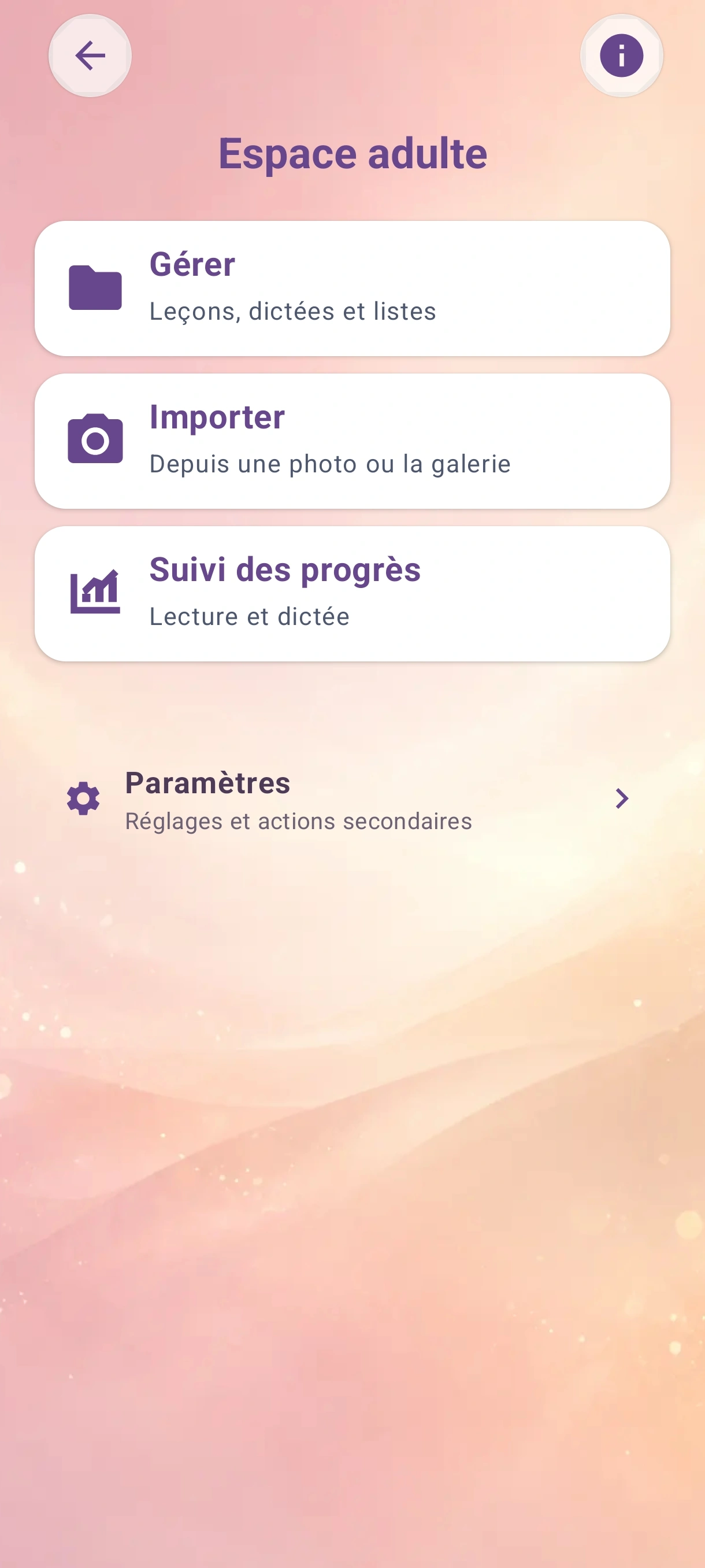 Écran Espace adulte avec gestion, import et suivi des progrès