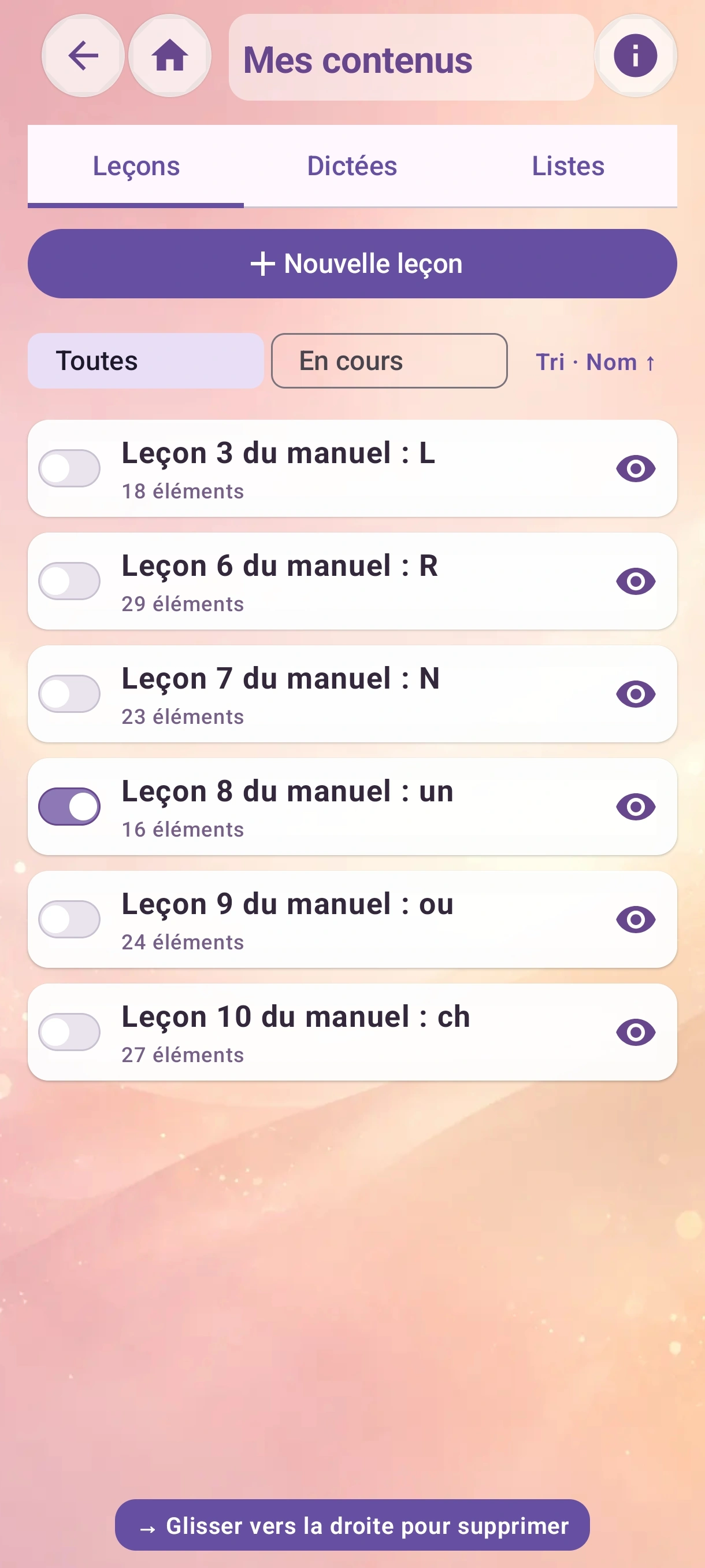 Gestion des leçons, dictées et listes personnalisées