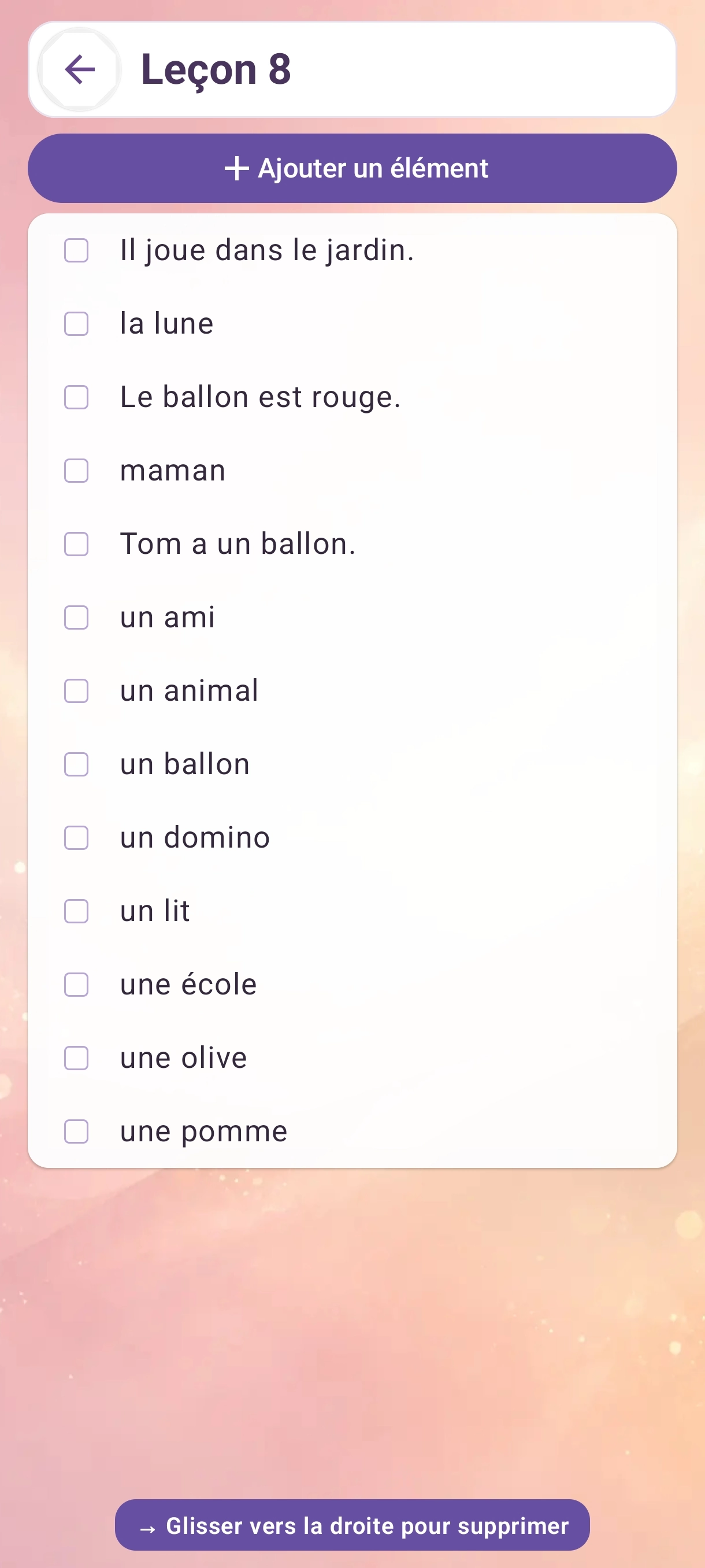 Leçon 8 affichant les mots et phrases issus de l’import OCR.