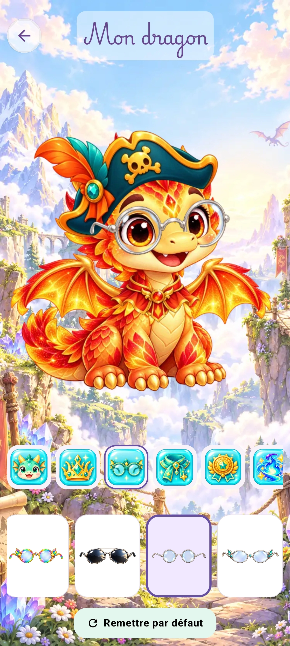 Écran de personnalisation du dragon dans l’univers aventure et choix d’accessoires à équiper.