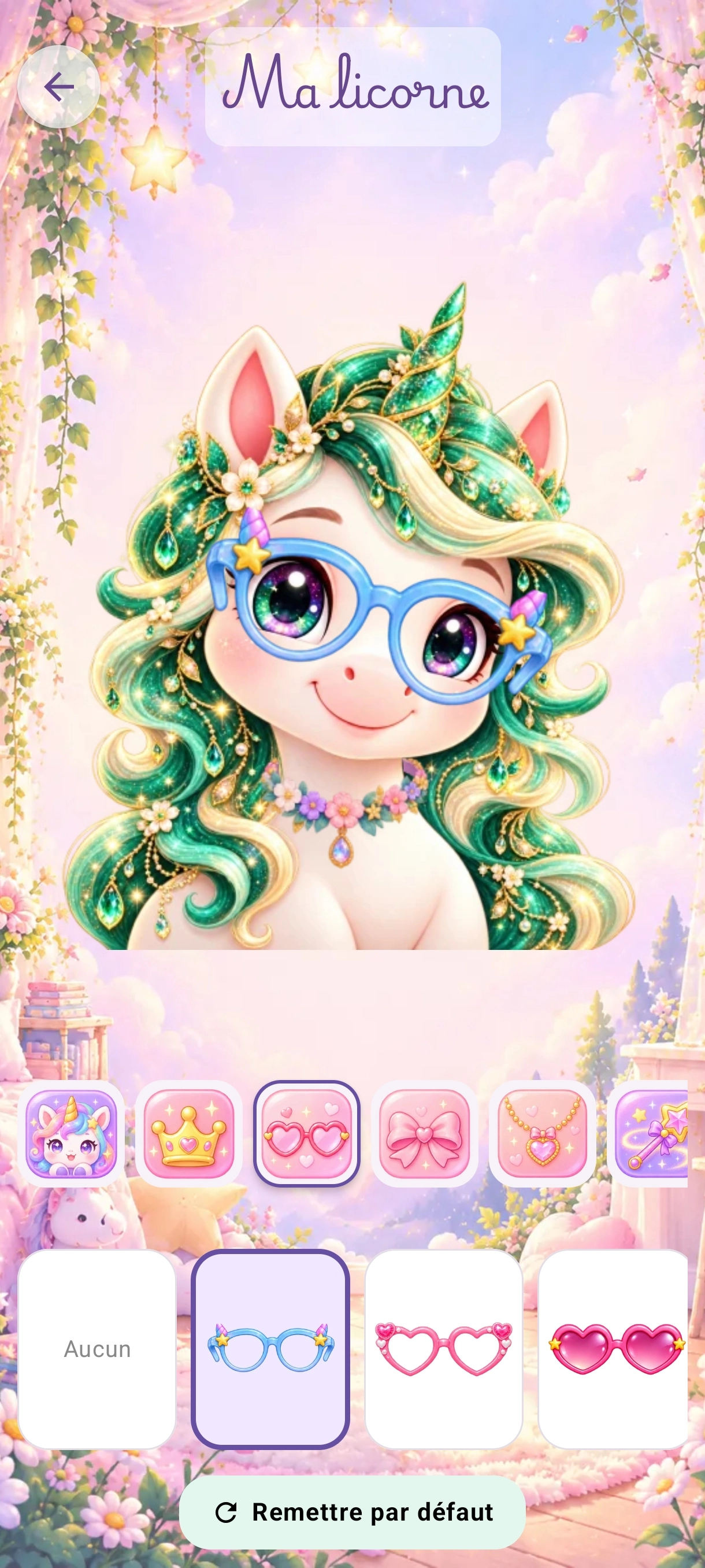 Écran de personnalisation de la licorne dans l’univers féerique et sélection d’accessoires, notamment des lunettes et coiffes.
